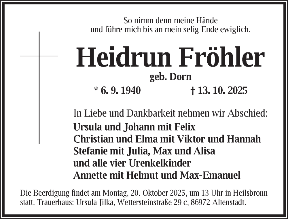  Traueranzeige für Heidrun Fröhler vom 18.10.2025 aus Ansbach