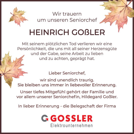 Traueranzeige von Heinrich Goßler von Neustadt/ Scheinfeld/ Uffenheim