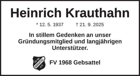 Traueranzeige von Heinrich Krauthahn von Rothenburg
