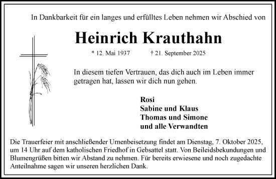 Traueranzeige von Heinrich Krauthahn von Rothenburg