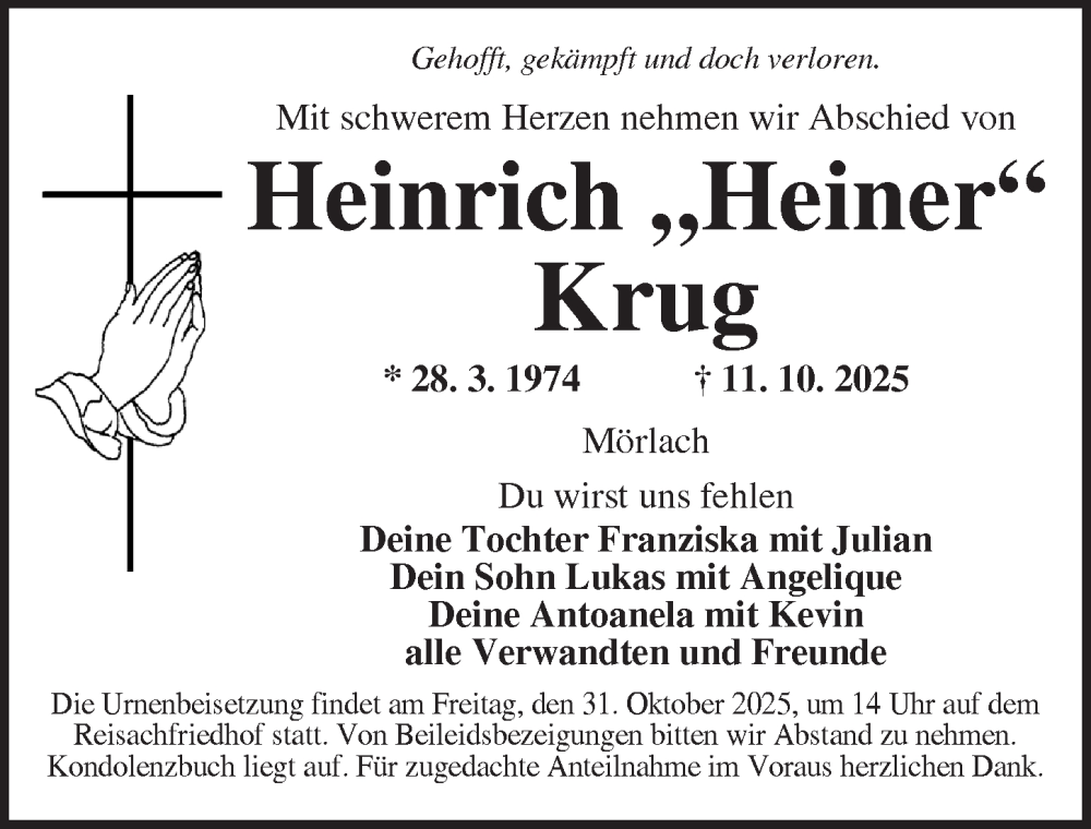  Traueranzeige für Heinrich Krug vom 28.10.2025 aus Ansbach