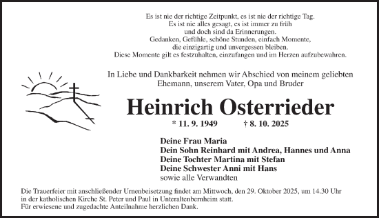 Traueranzeige von Heinrich Osterrieder von Neustadt/ Scheinfeld/ Uffenheim