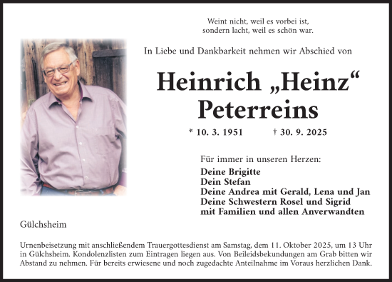 Traueranzeige von Heinrich Peterreins von Neustadt/ Scheinfeld/ Uffenheim