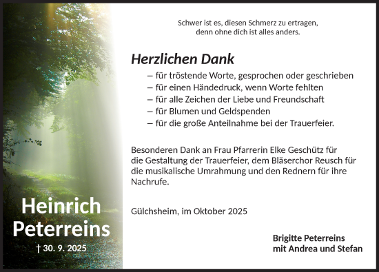 Traueranzeige von Heinrich Peterreins von Neustadt/ Scheinfeld/ Uffenheim