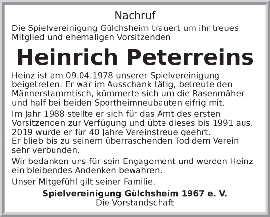 Traueranzeige von Heinrich Peterreins von Neustadt/ Scheinfeld/ Uffenheim