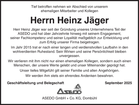 Traueranzeige von Heinz Jäger von Rothenburg