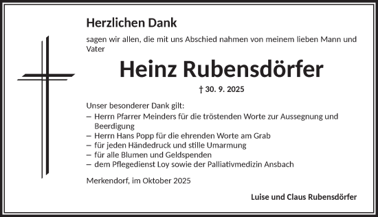 Traueranzeige von Heinz Rubensdörfer von Ansbach
