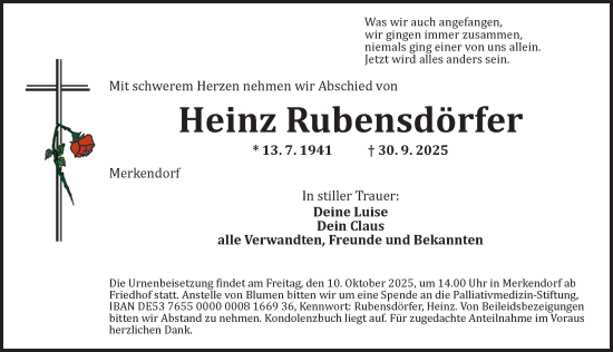 Traueranzeige von Heinz Rubensdörfer von Ansbach