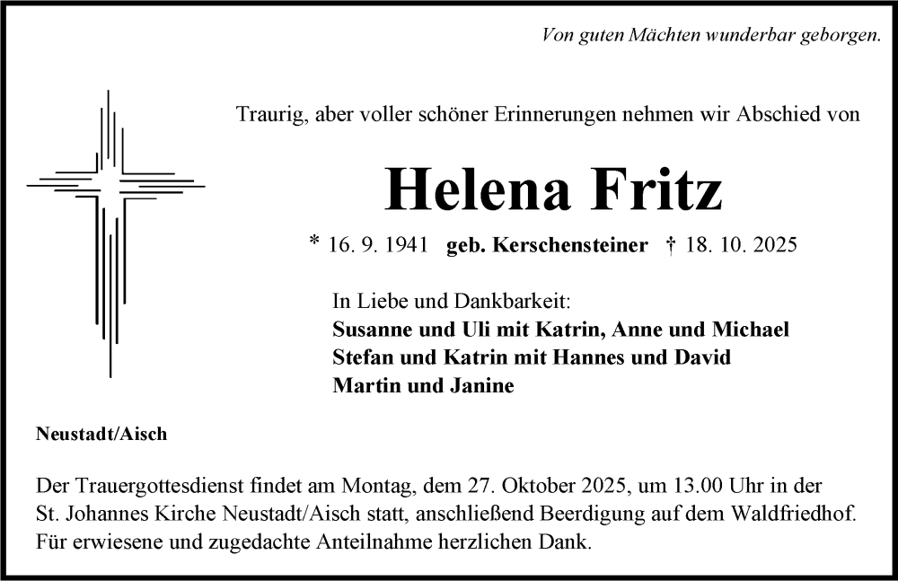  Traueranzeige für Helena Fritz vom 22.10.2025 aus Neustadt/ Scheinfeld/ Uffenheim