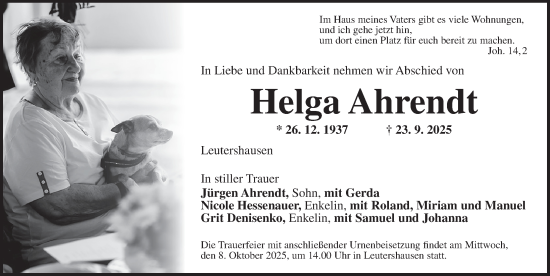 Traueranzeige von Helga Ahrendt von Ansbach