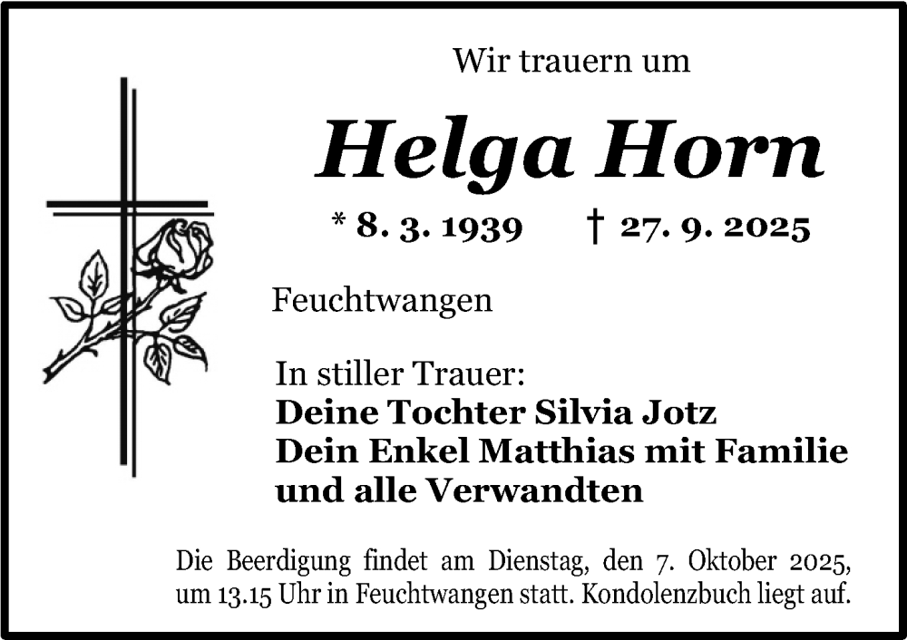  Traueranzeige für Helga Horn vom 06.10.2025 aus Dinkelsbühl/ Feuchtwangen