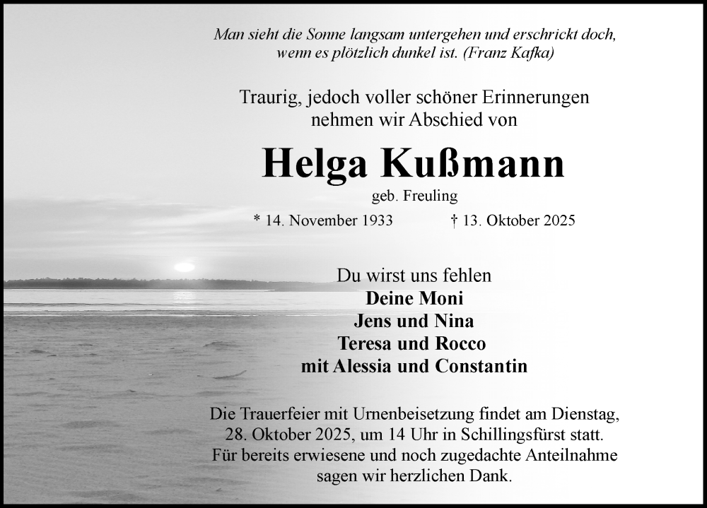  Traueranzeige für Helga Kußmann vom 25.10.2025 aus Rothenburg