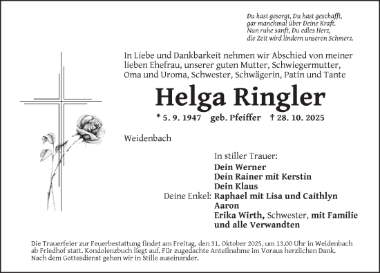 Traueranzeige von Helga Ringler von Ansbach