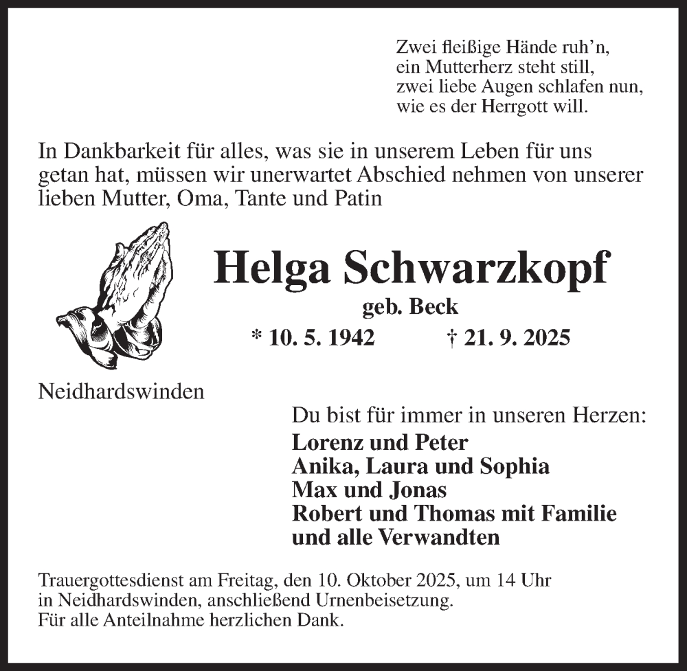  Traueranzeige für Helga Schwarzkopf vom 04.10.2025 aus Neustadt/ Scheinfeld/ Uffenheim