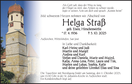 Traueranzeige von Helga Straß von Dinkelsbühl/ Feuchtwangen