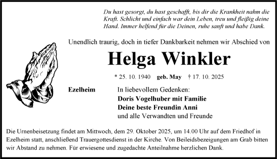Traueranzeige von Helga Winkler von Neustadt/ Scheinfeld/ Uffenheim