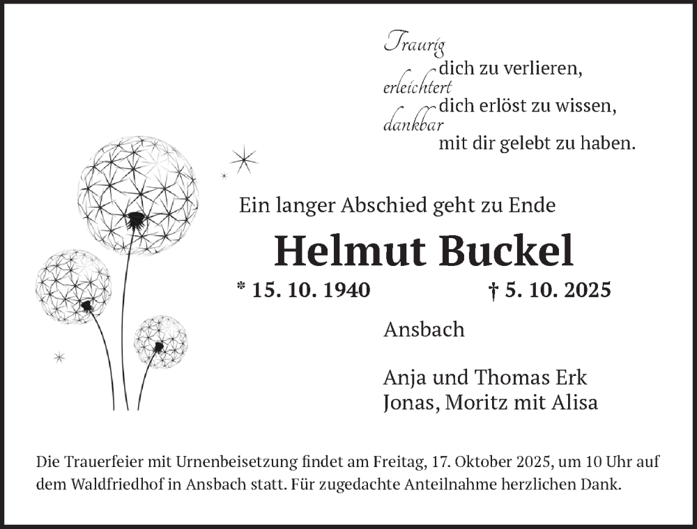  Traueranzeige für Helmut Buckel vom 11.10.2025 aus Ansbach
