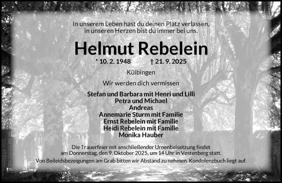 Traueranzeige von Helmut Rebelein von Ansbach