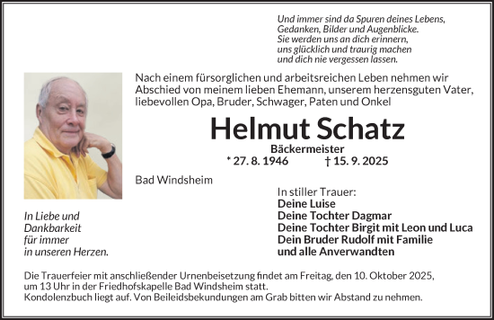 Traueranzeige von Helmut Schatz von Neustadt/ Scheinfeld/ Uffenheim