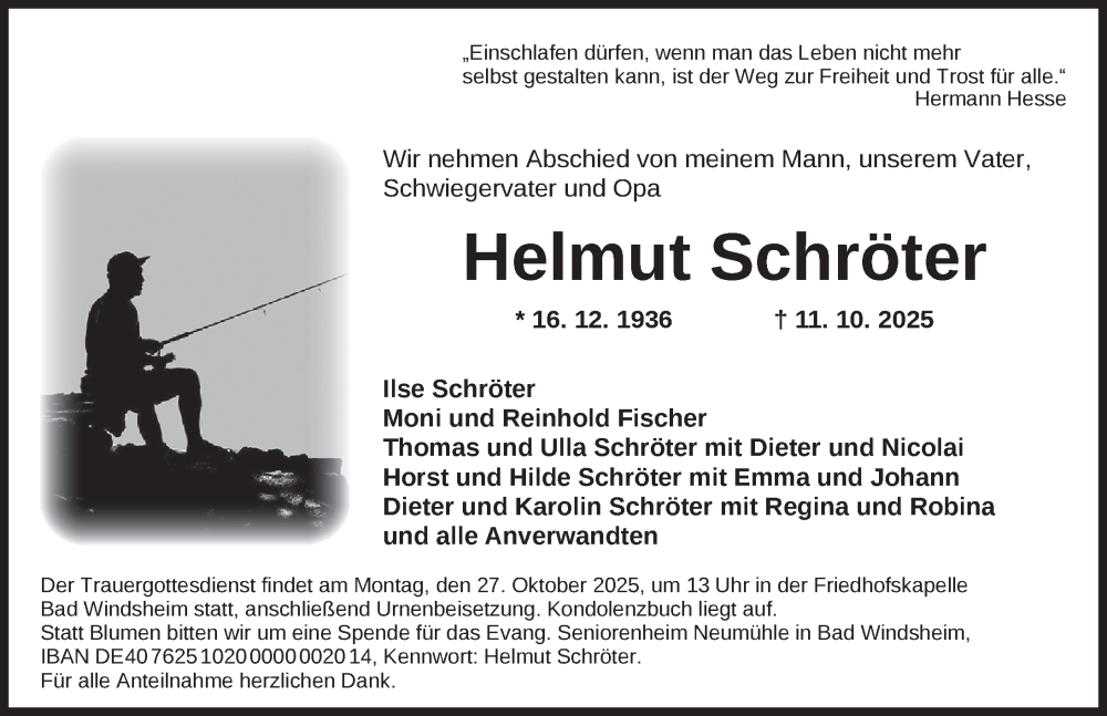  Traueranzeige für Helmut Schröter vom 25.10.2025 aus Neustadt/ Scheinfeld/ Uffenheim