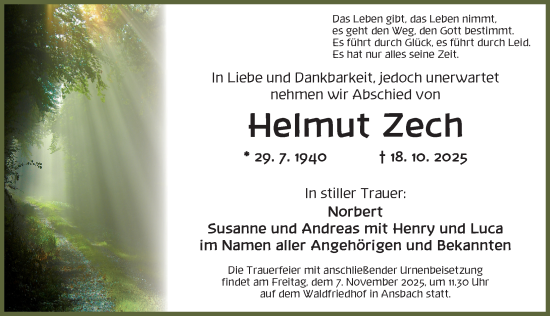 Traueranzeige von Helmut Zech von Ansbach