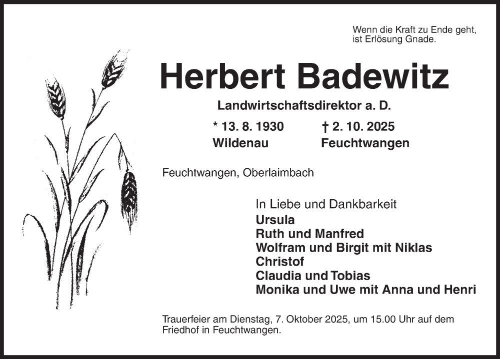  Traueranzeige für Herbert Badewitz vom 06.10.2025 aus GE