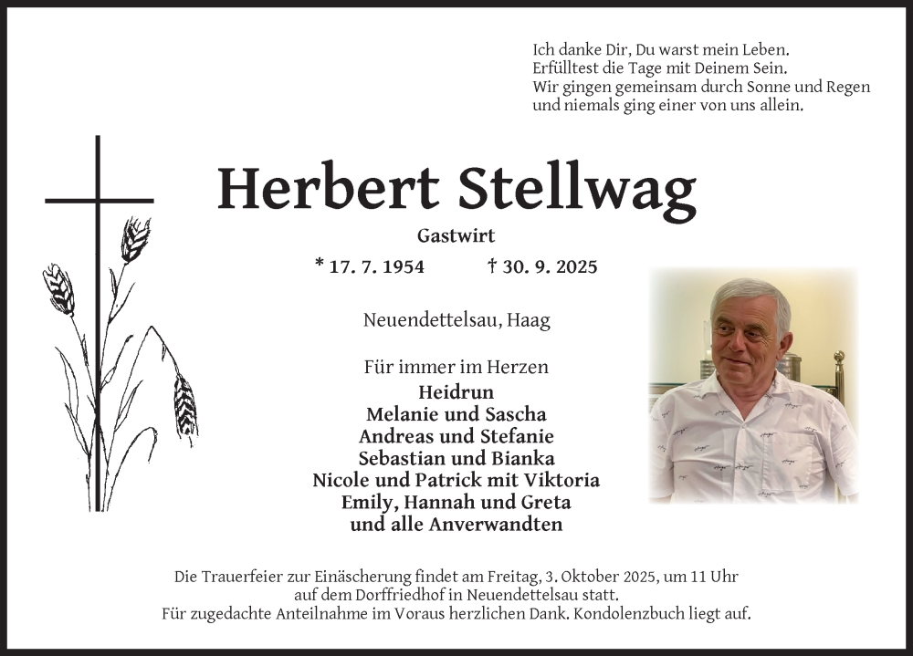  Traueranzeige für Herbert Stellwag vom 02.10.2025 aus Ansbach