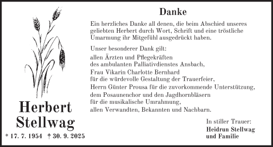 Traueranzeige von Herbert Stellwag von Ansbach