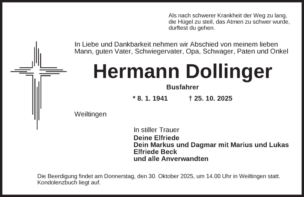  Traueranzeige für Hermann Dollinger vom 28.10.2025 aus Dinkelsbühl/ Feuchtwangen