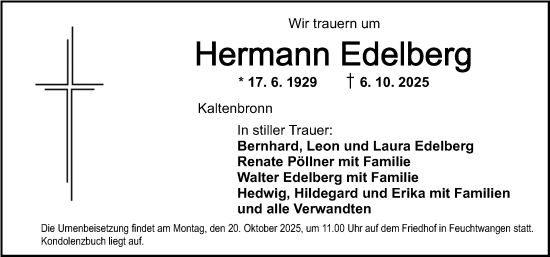 Traueranzeige von Hermann Edelberg von Dinkelsbühl/ Feuchtwangen