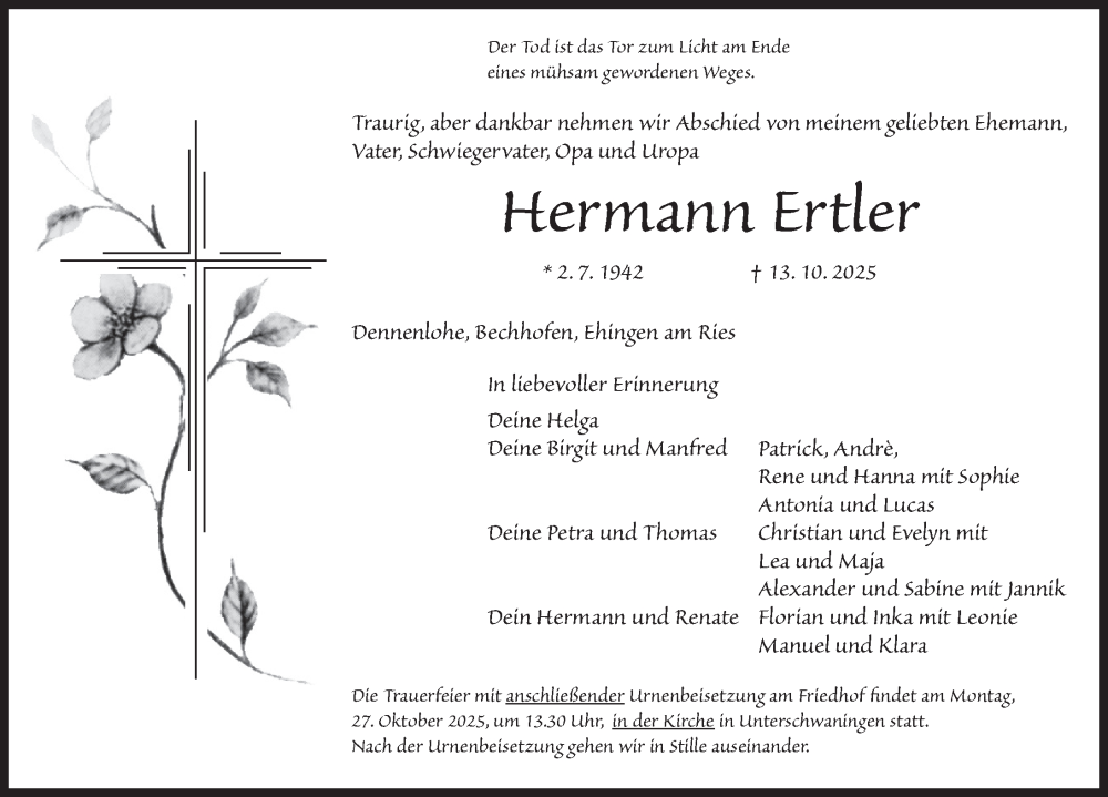  Traueranzeige für Hermann Ertler vom 24.10.2025 aus Dinkelsbühl/ Feuchtwangen