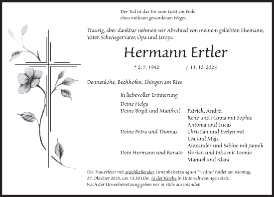 Traueranzeige von Hermann Ertler von Dinkelsbühl/ Feuchtwangen