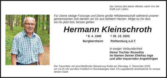 Traueranzeige von Hermann Kleinschroth von Dinkelsbühl/ Feuchtwangen