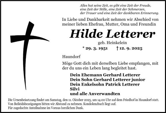 Traueranzeige von Hilde Letterer von Dinkelsbühl/ Feuchtwangen
