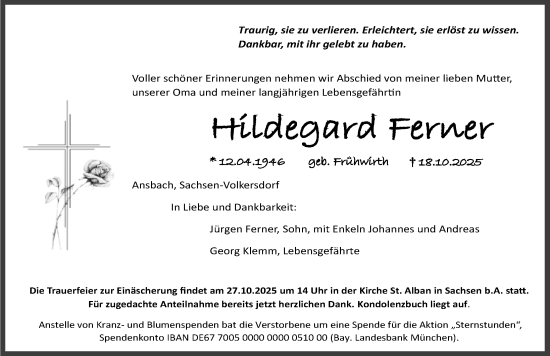Traueranzeige von Hildegard Ferner von Ansbach