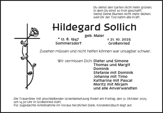 Traueranzeige von Hildegard Sollich von Ansbach
