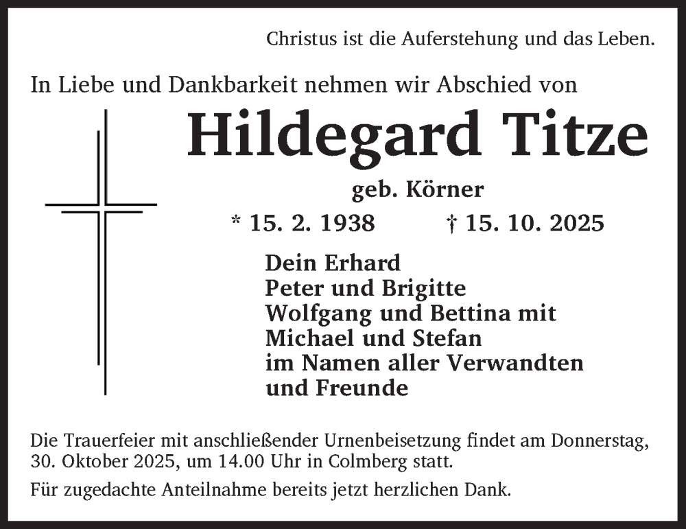  Traueranzeige für Hildegard Titze vom 28.10.2025 aus Ansbach