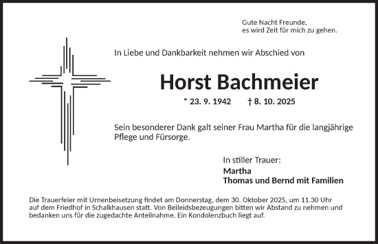 Traueranzeige von Horst Bachmeier von Ansbach