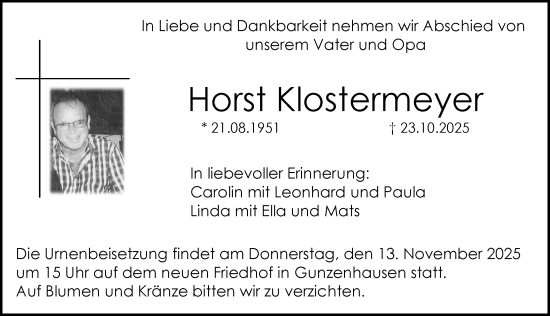 Traueranzeige von Horst Klostermeyer von Dinkelsbühl/ Feuchtwangen
