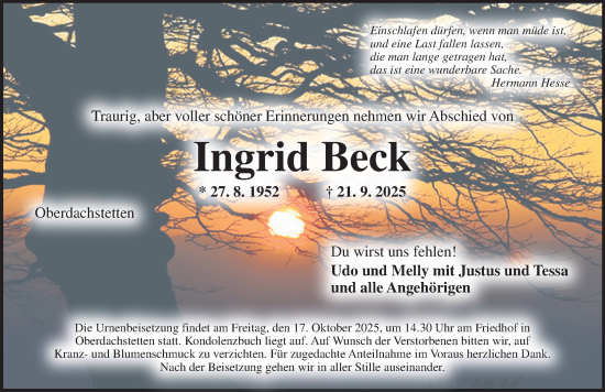 Traueranzeige von Ingrid Beck von Ansbach