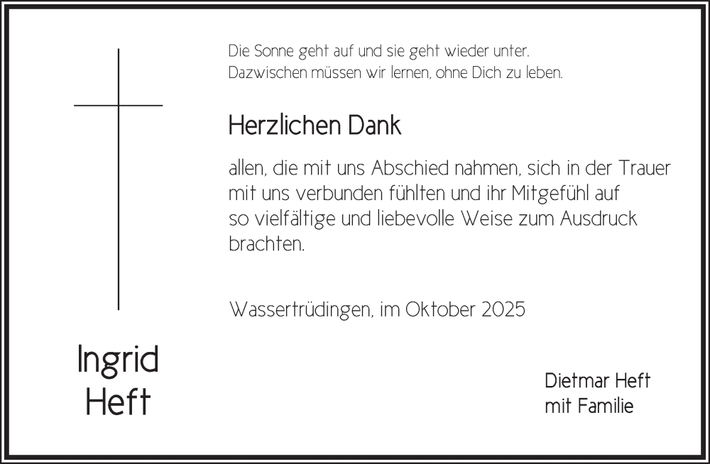  Traueranzeige für Ingrid Heft vom 17.10.2025 aus Dinkelsbühl/ Feuchtwangen
