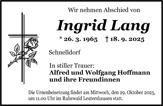 Traueranzeige von Ingrid Lang von Dinkelsbühl/ Feuchtwangen