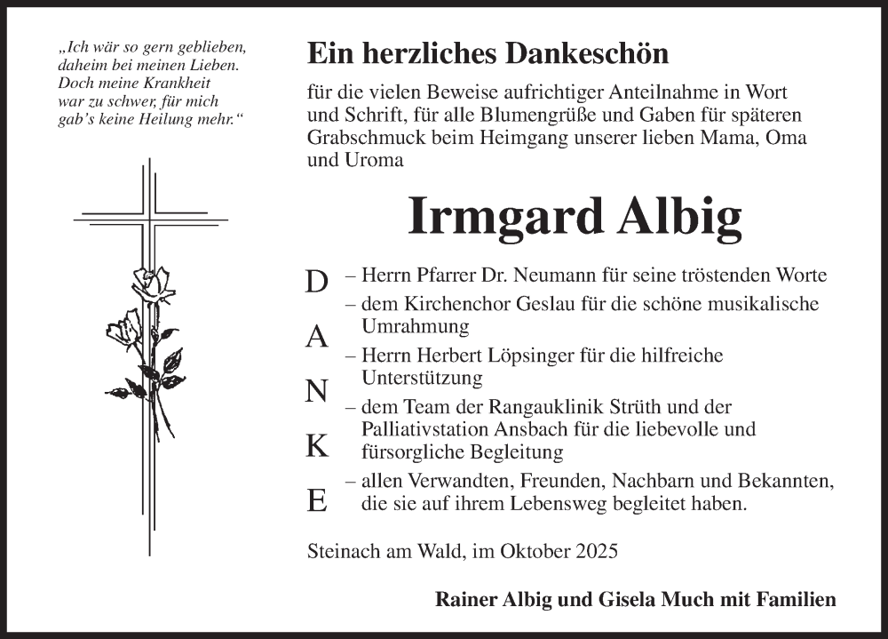  Traueranzeige für Irmgard Albig vom 11.10.2025 aus Rothenburg