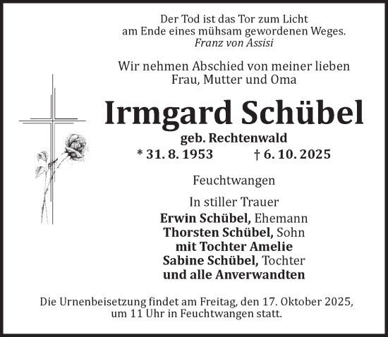 Traueranzeige von Irmgard Schübel von Dinkelsbühl/ Feuchtwangen