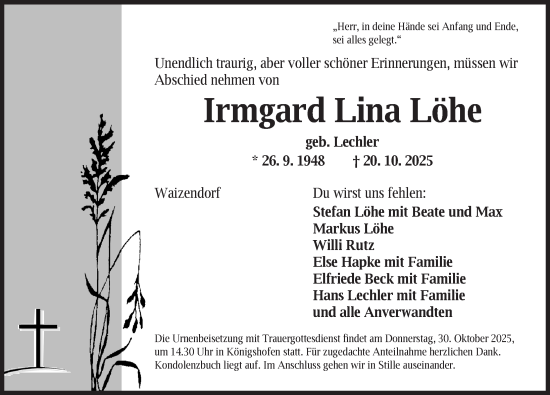 Traueranzeige von Irmgard Lina Löhe von Dinkelsbühl/ Feuchtwangen