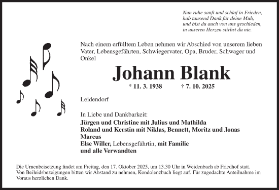 Traueranzeige von Johann Blank von Ansbach