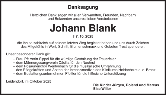 Traueranzeige von Johann Blank von Ansbach