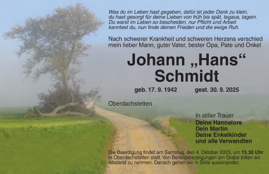 Traueranzeige von Johann Schmidt von Ansbach