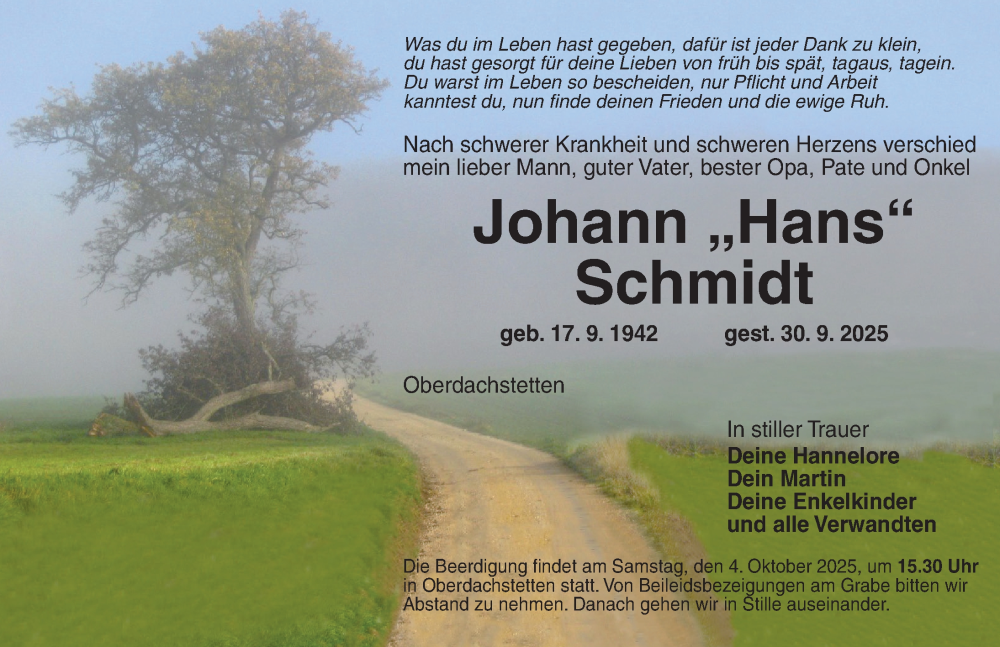  Traueranzeige für Johann Schmidt vom 02.10.2025 aus Ansbach