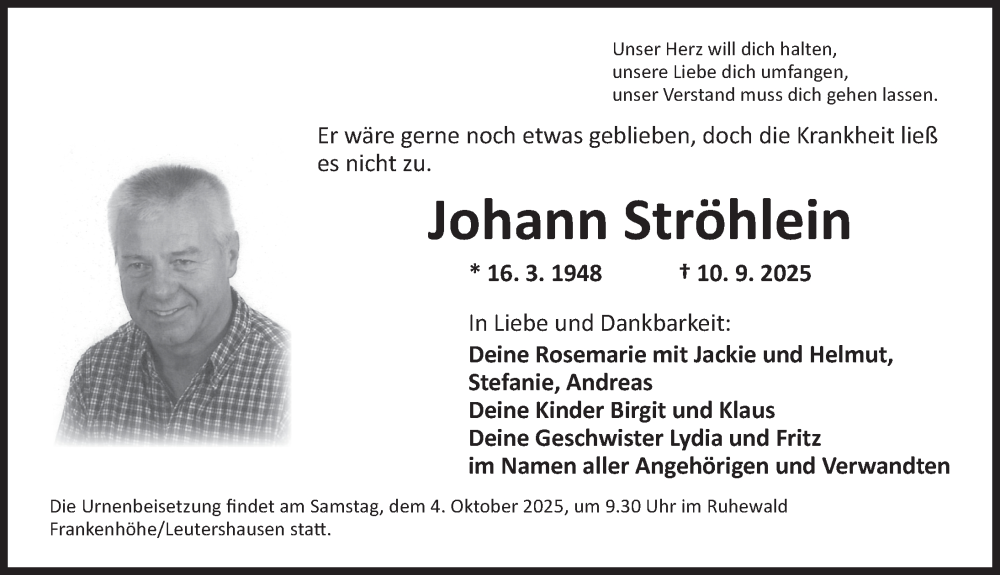  Traueranzeige für Johann Ströhlein vom 01.10.2025 aus Ansbach